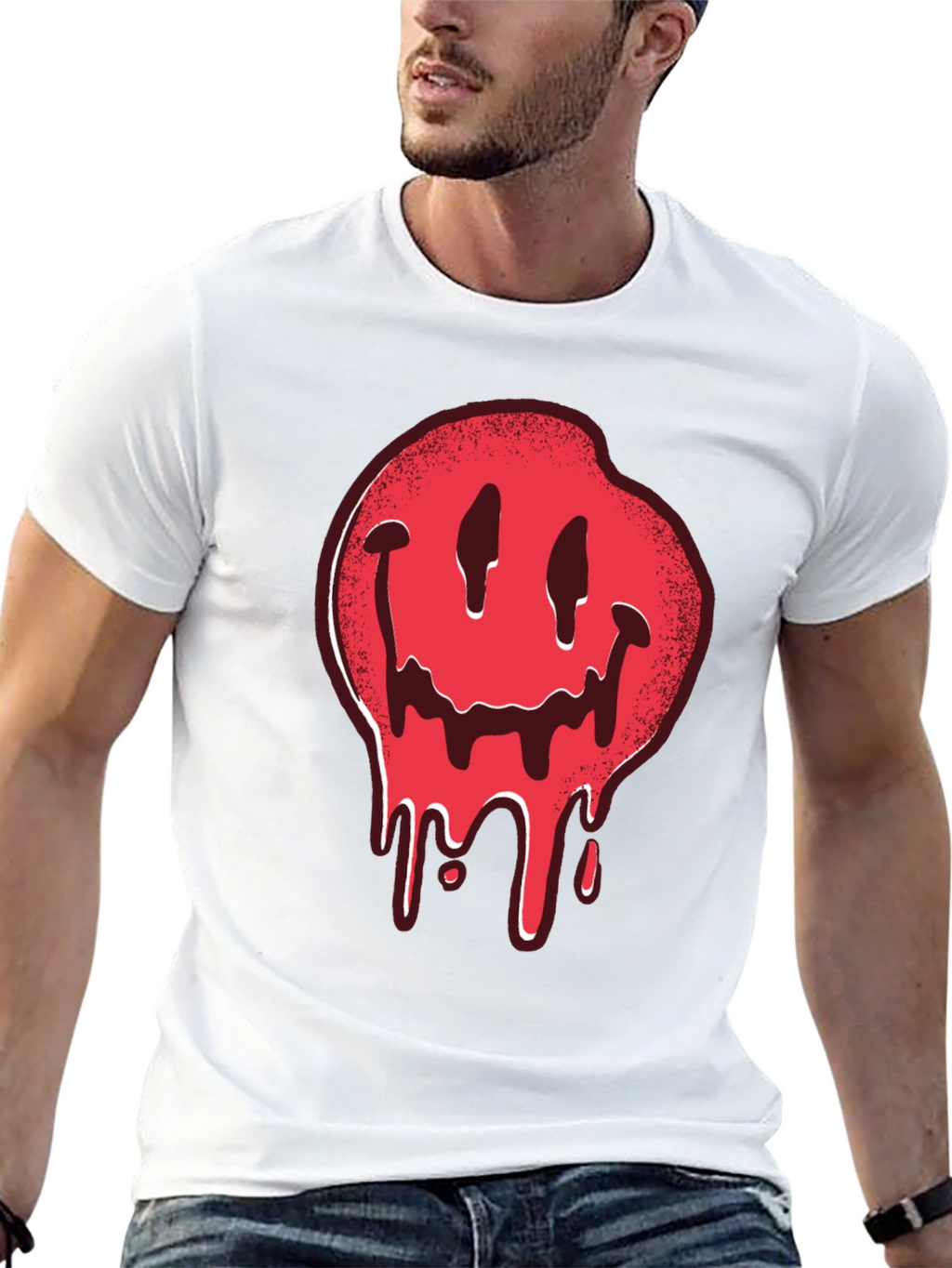 Melting Smiley Face Graphic Tee - Black Cotton T-Shirt