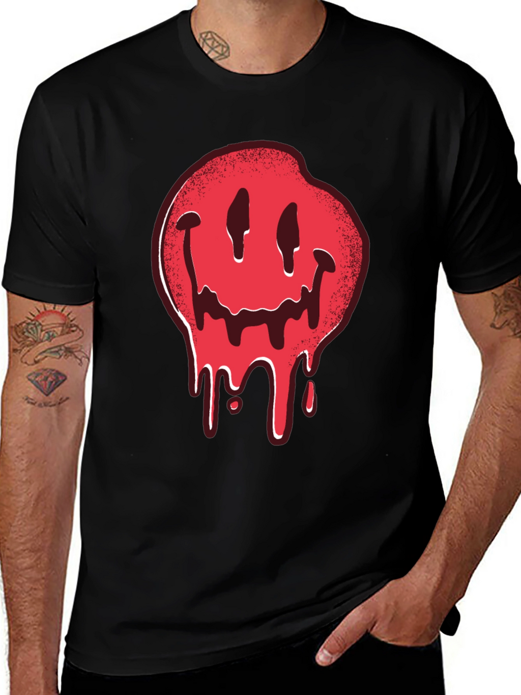 Melting Smiley Face Graphic Tee - Black Cotton T-Shirt