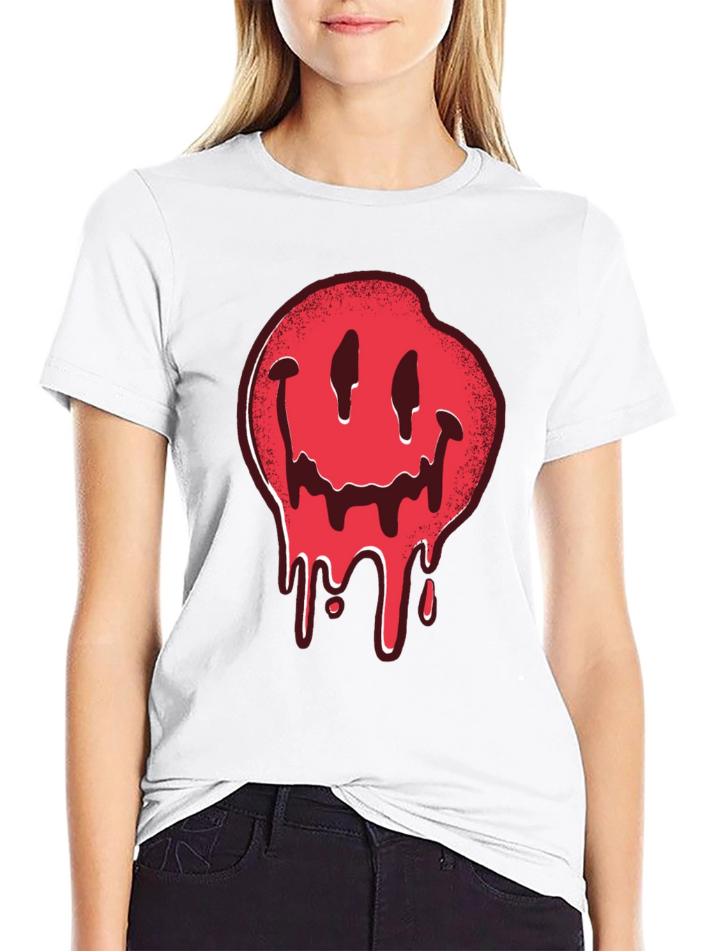 Melting Smiley Face Graphic Tee - Black Cotton T-Shirt