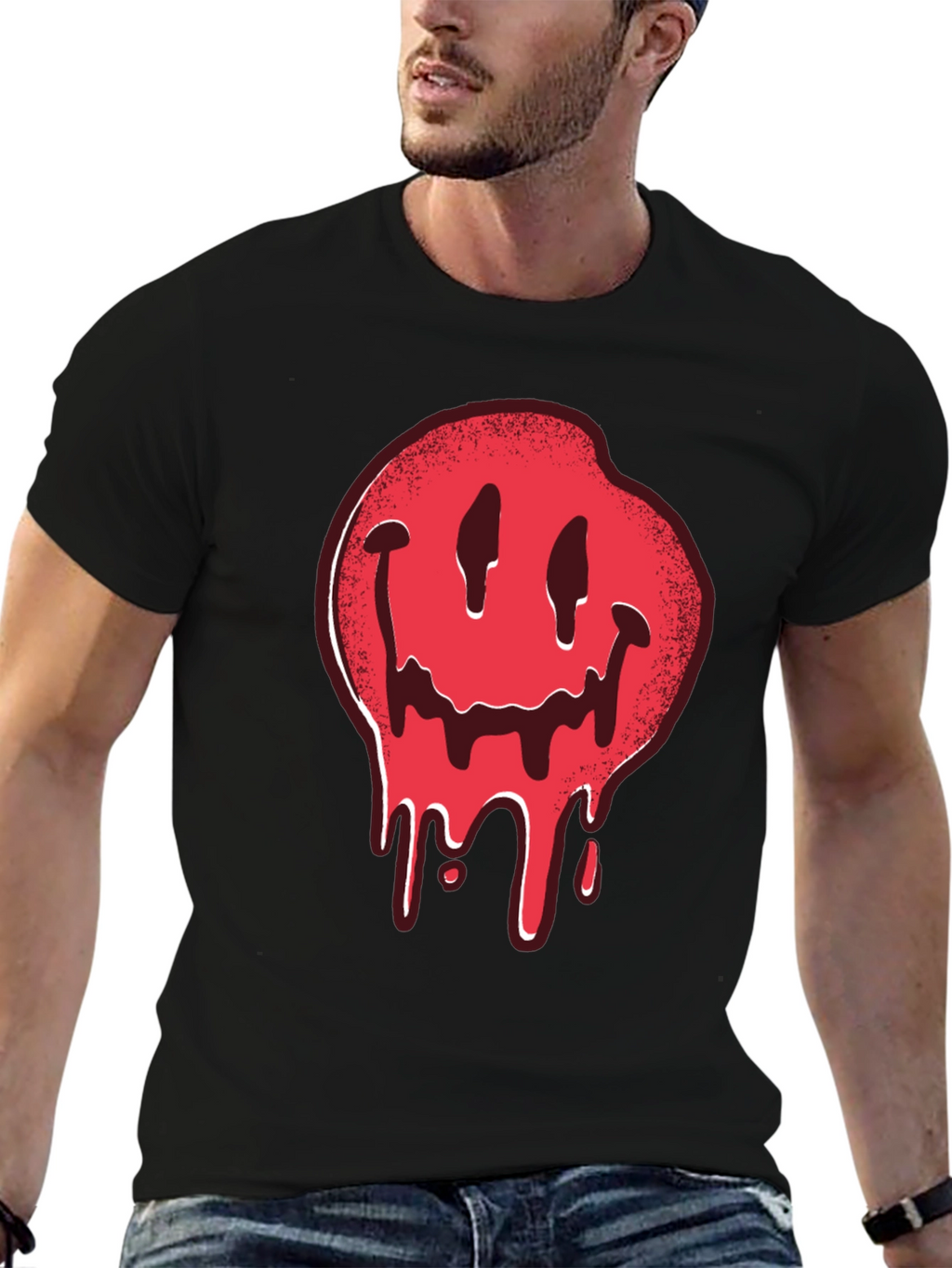 Melting Smiley Face Graphic Tee - Black Cotton T-Shirt