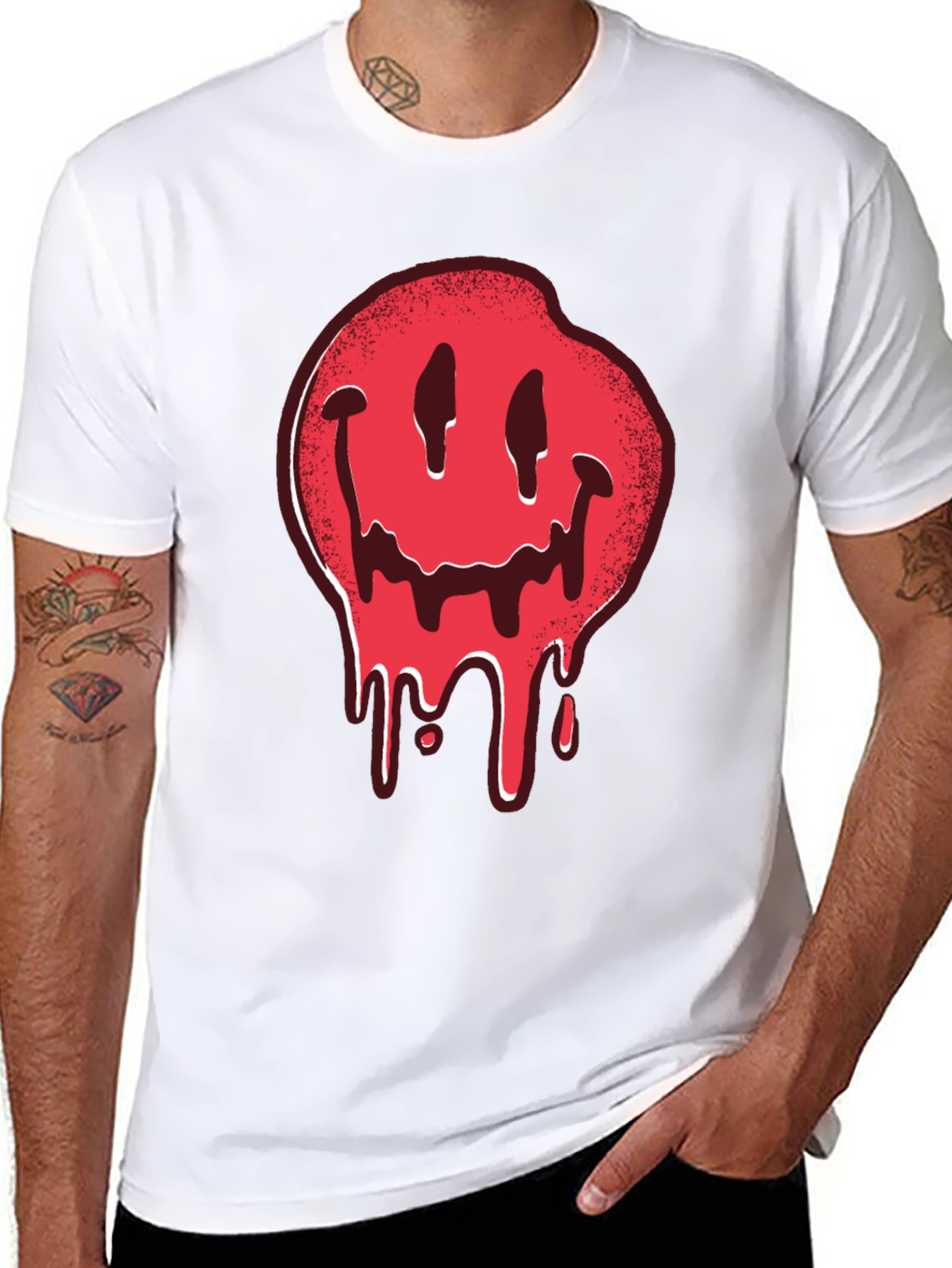 Melting Smiley Face Graphic Tee - Black Cotton T-Shirt