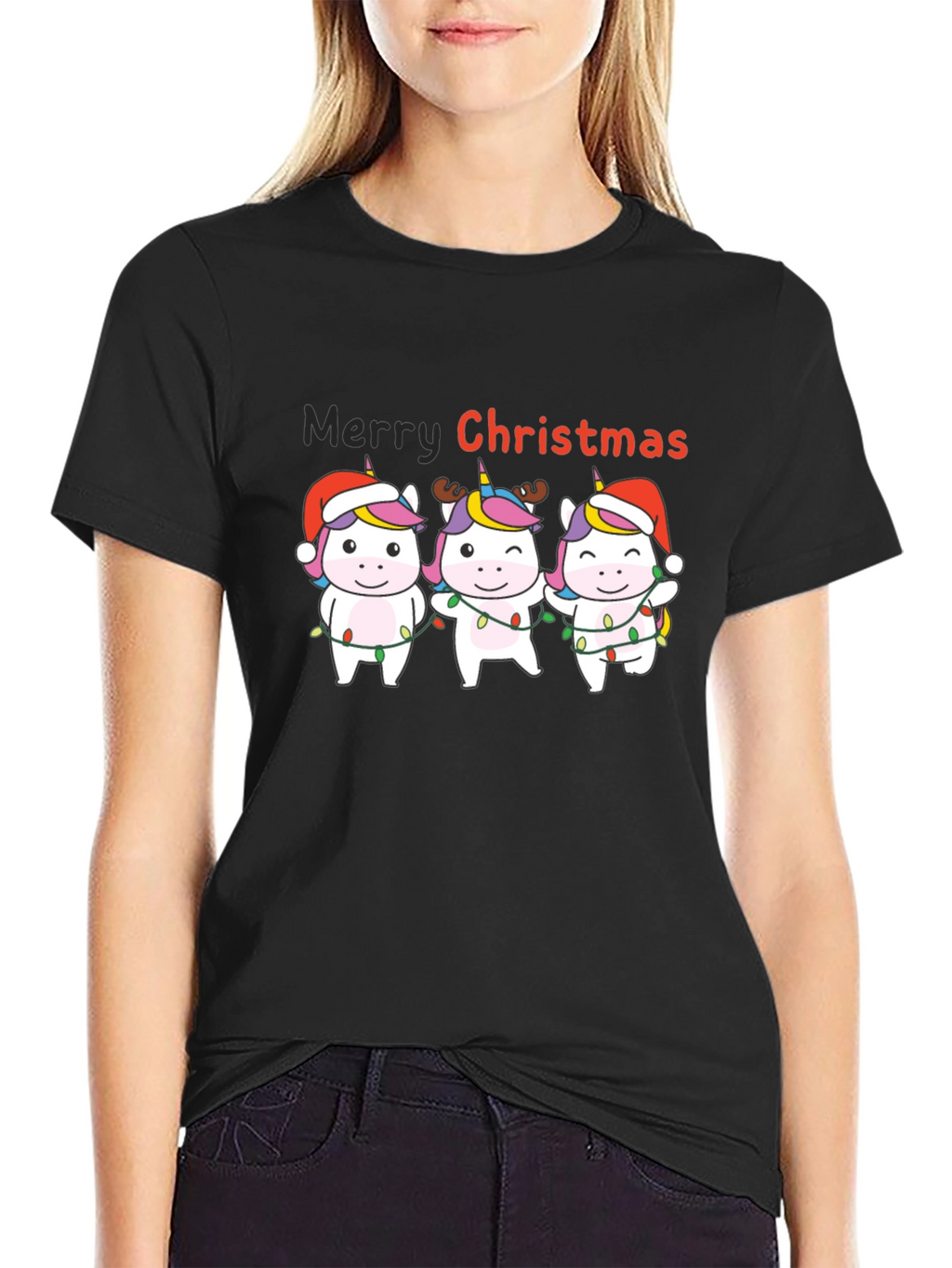 Unicorn Merry Christmas Black T-Shirt