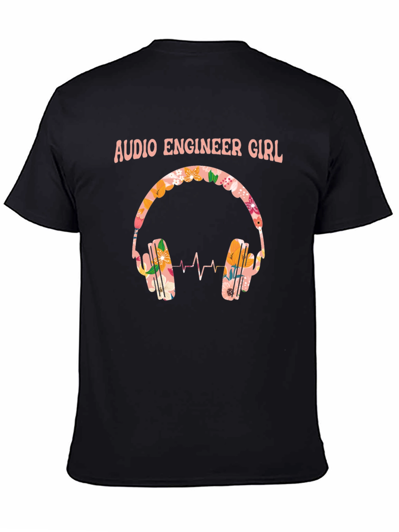 Audio Engineer Girl Floral Headphone Black T-Shirt