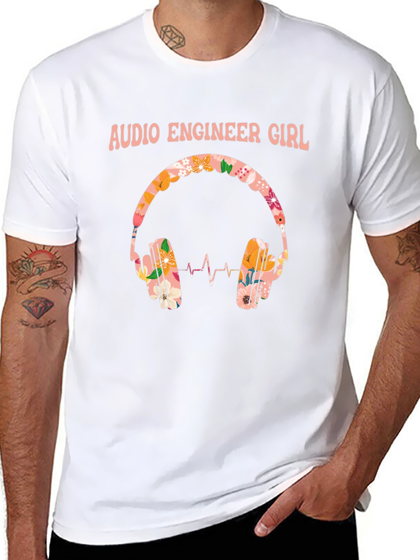 Audio Engineer Girl Floral Headphone Black T-Shirt