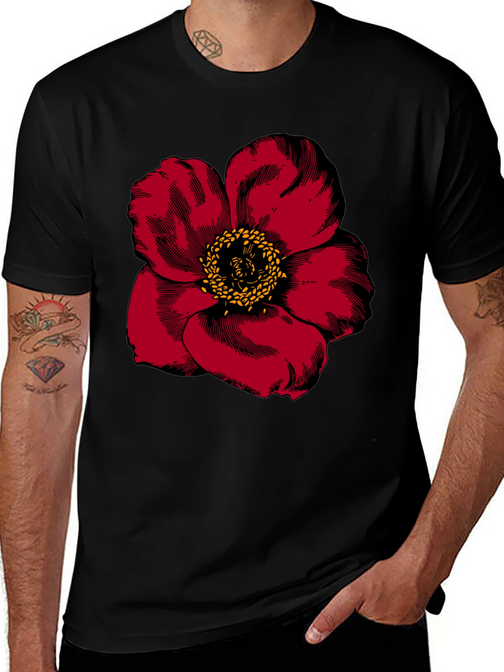 Bold Floral Graphic Tee - Black Cotton Blend
