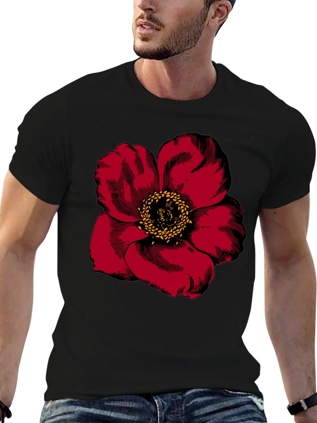 Bold Floral Graphic Tee - Black Cotton Blend