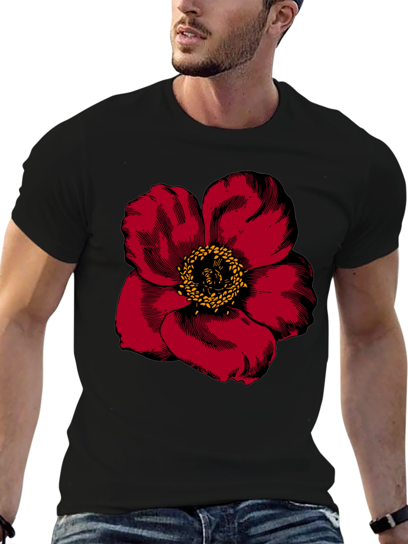 Bold Floral Graphic Tee - Black Cotton Blend