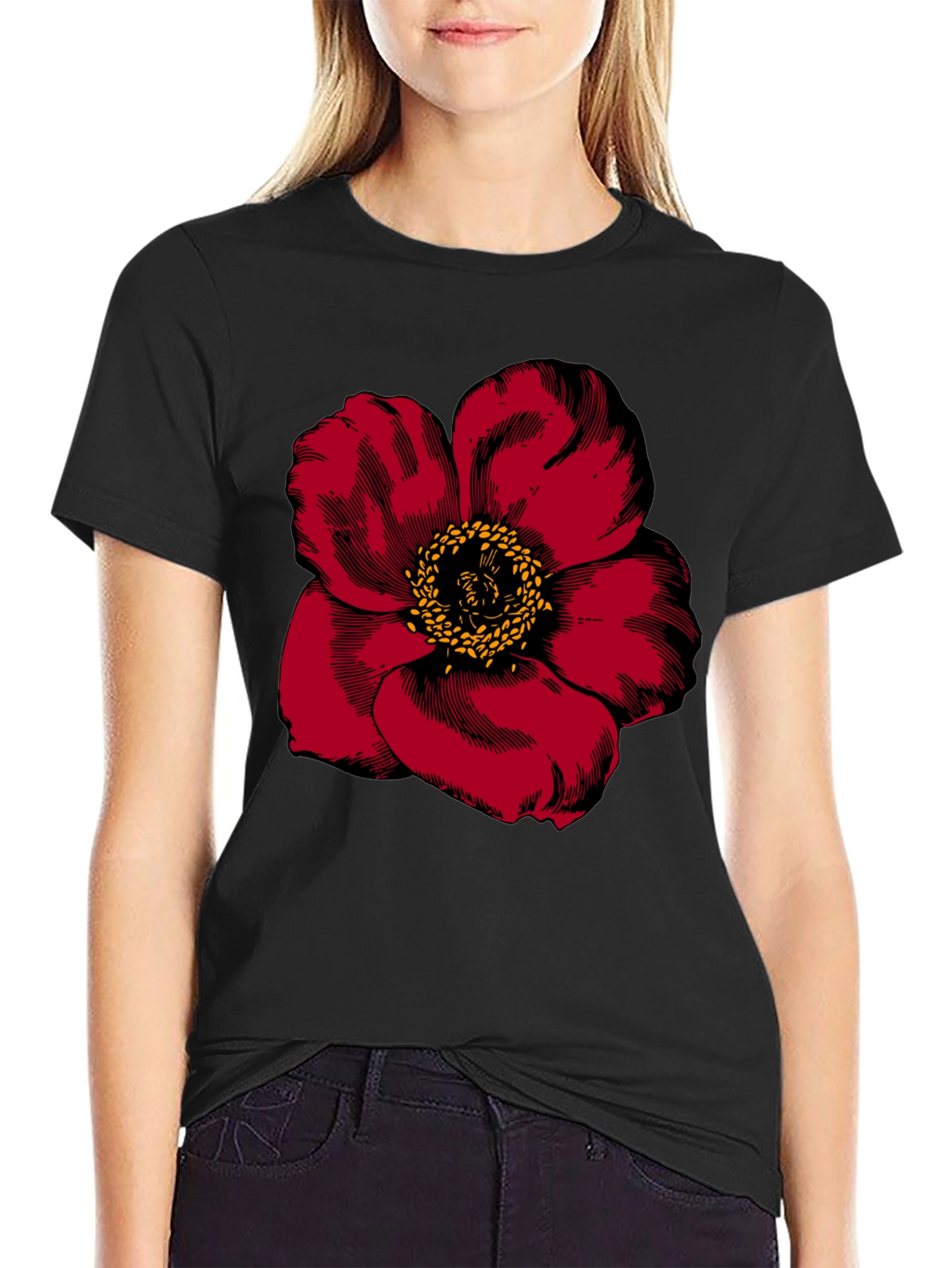 Bold Floral Graphic Tee - Black Cotton Blend