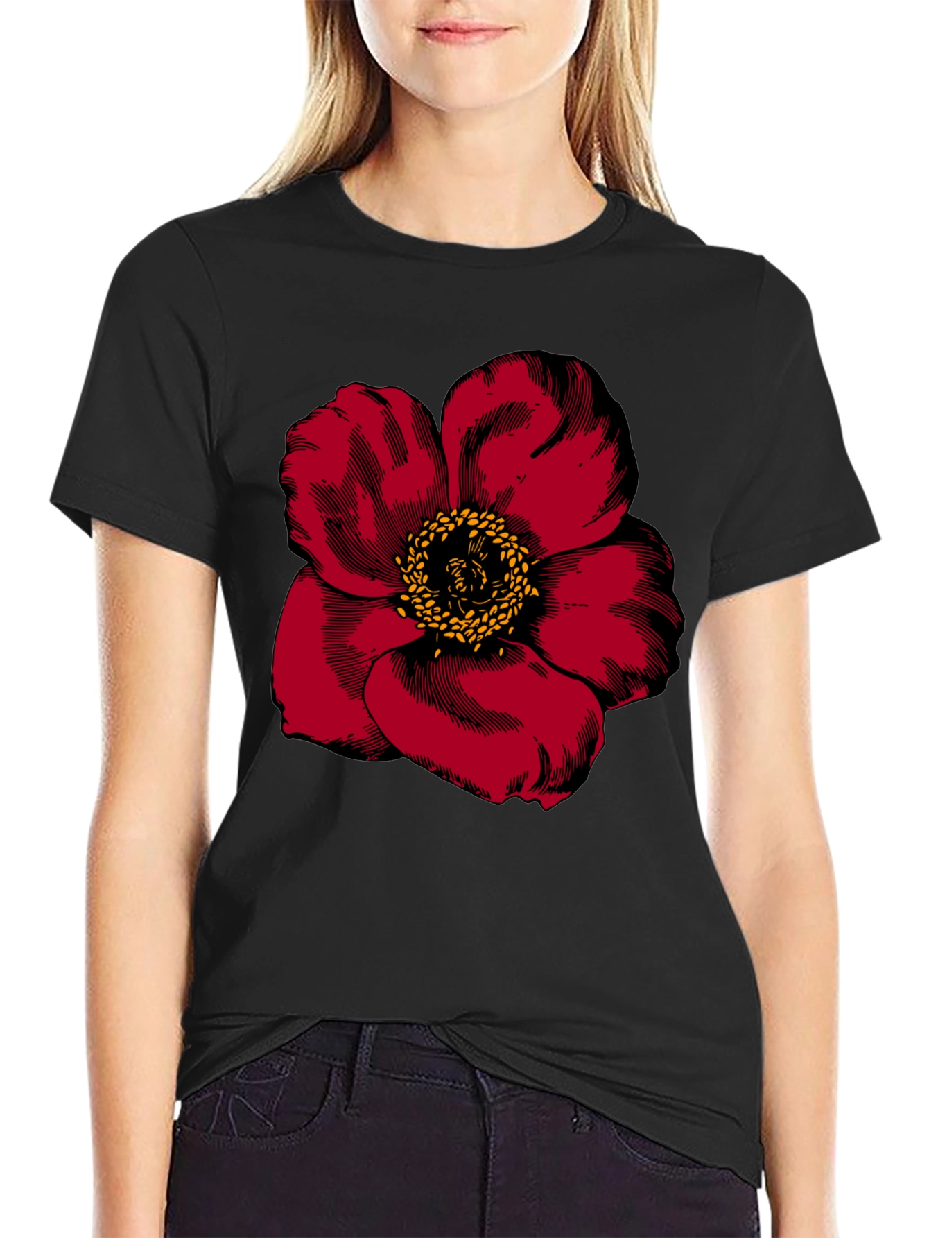 Bold Floral Graphic Tee - Black Cotton Blend