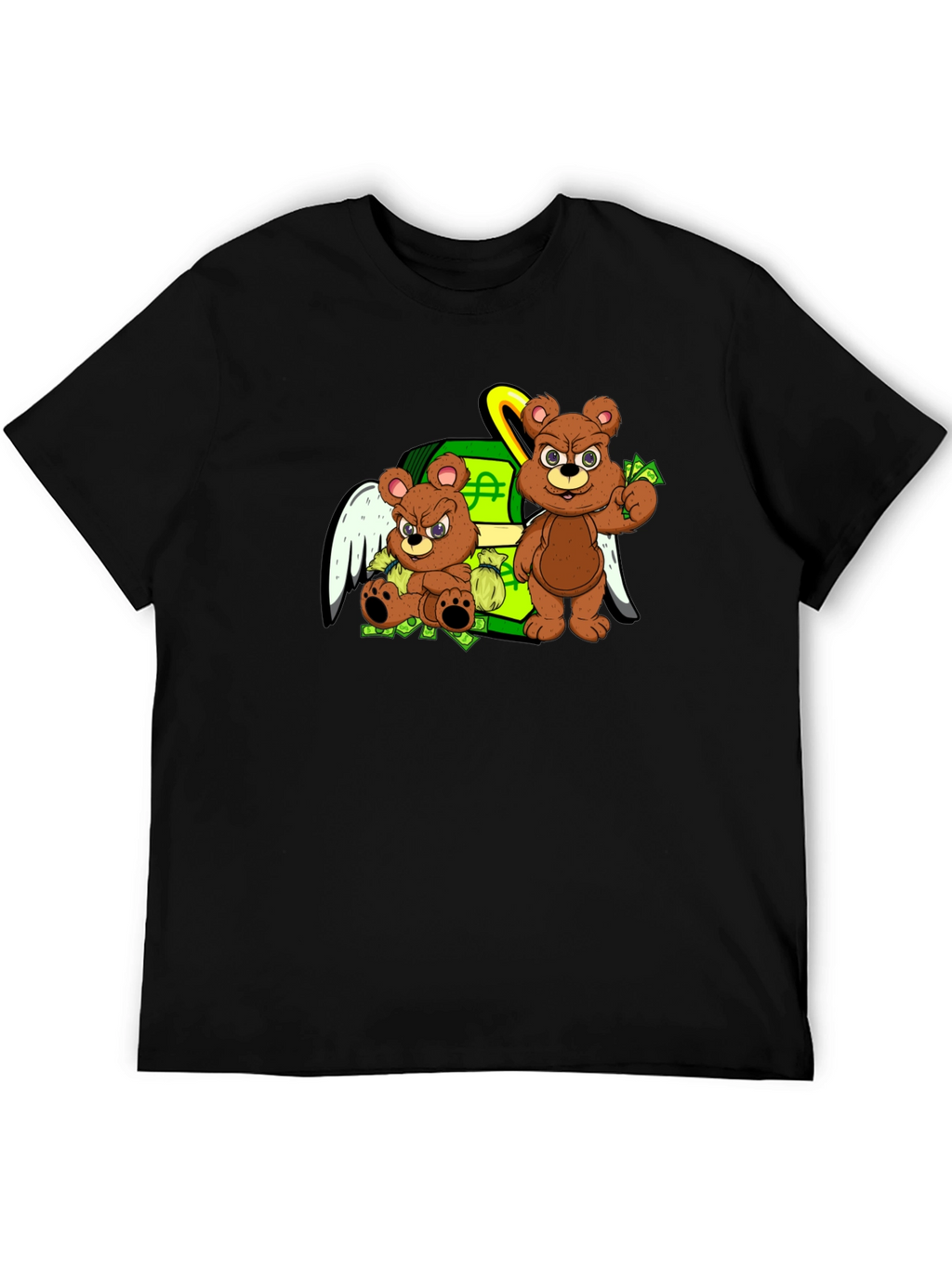 Cartoon Bear Graphic Tee - Black Crew Neck