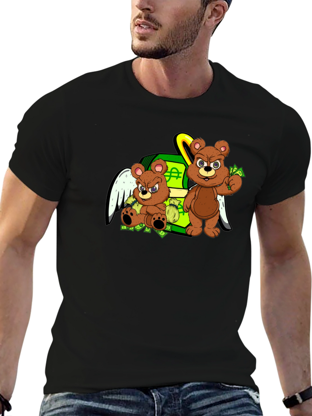 Cartoon Bear Graphic Tee - Black Crew Neck