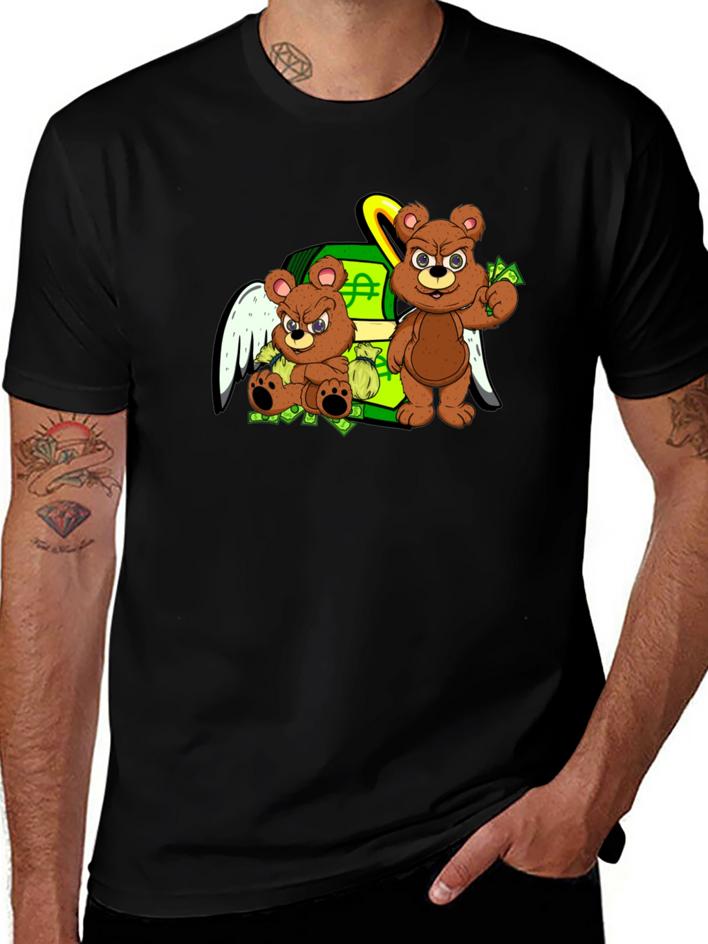 Cartoon Bear Graphic Tee - Black Crew Neck