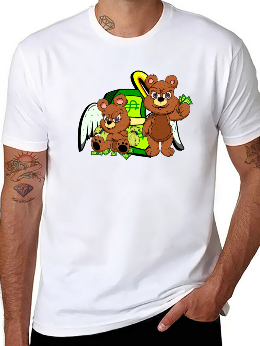 Cartoon Bear Graphic Tee - Black Crew Neck