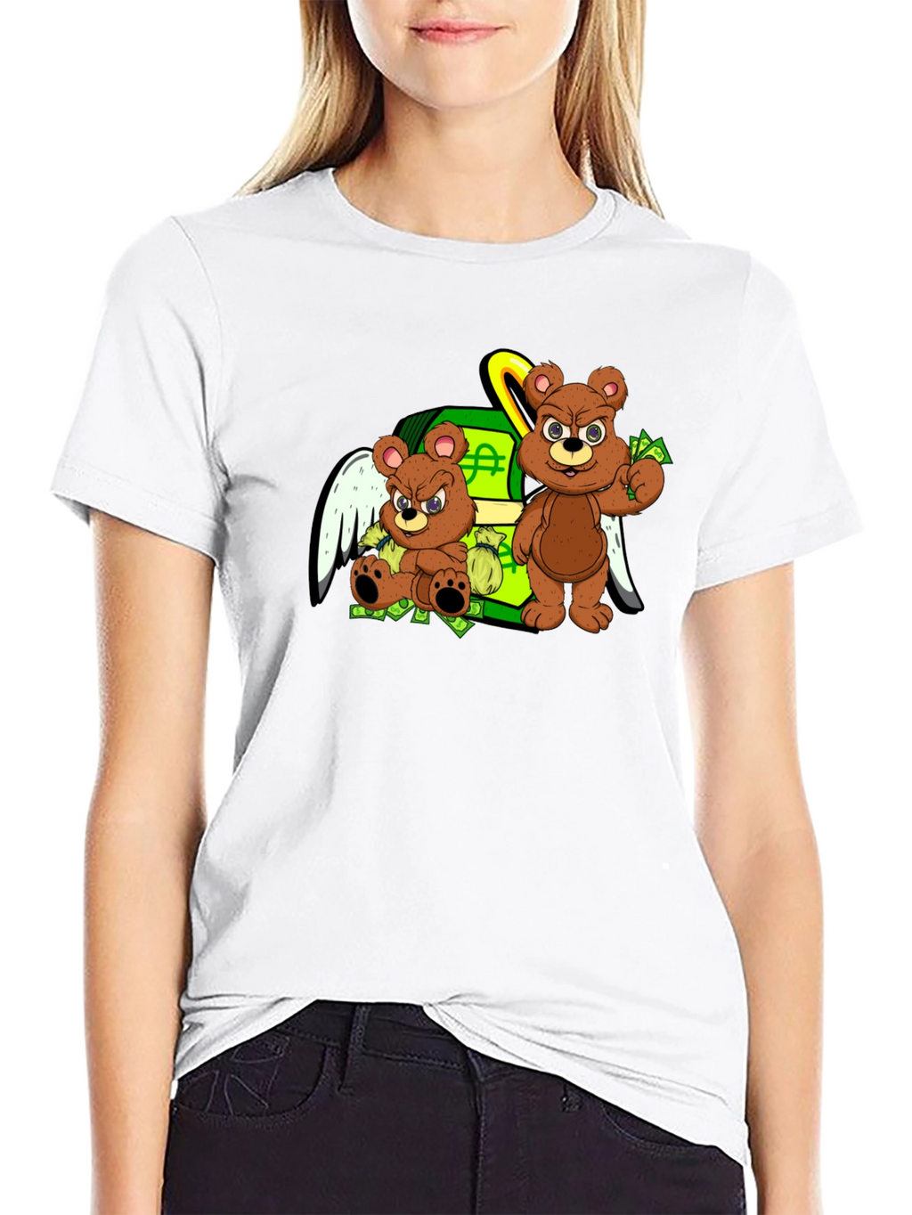 Cartoon Bear Graphic Tee - Black Crew Neck