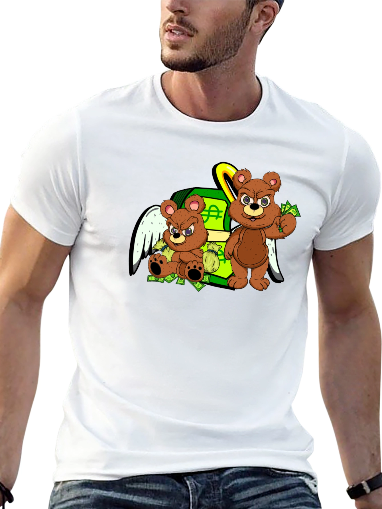 Cartoon Bear Graphic Tee - Black Crew Neck