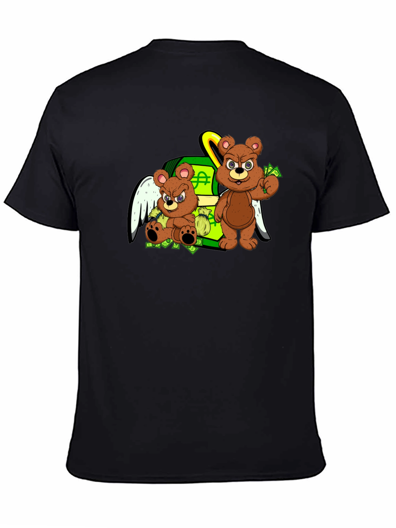 Cartoon Bear Graphic Tee - Black Crew Neck