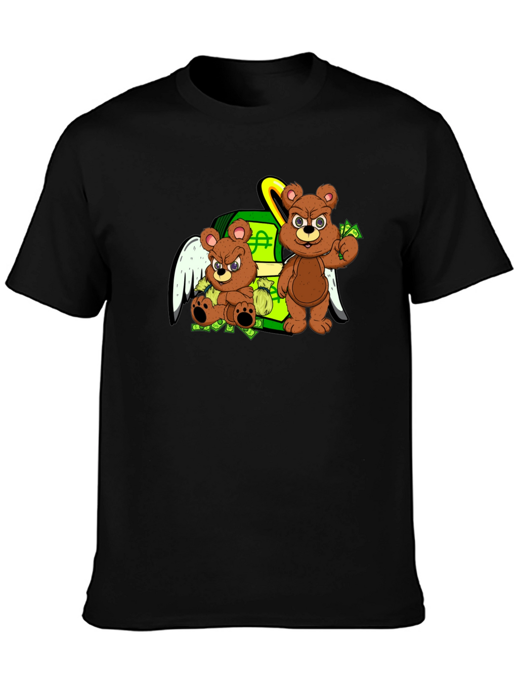Cartoon Bear Graphic Tee - Black Crew Neck