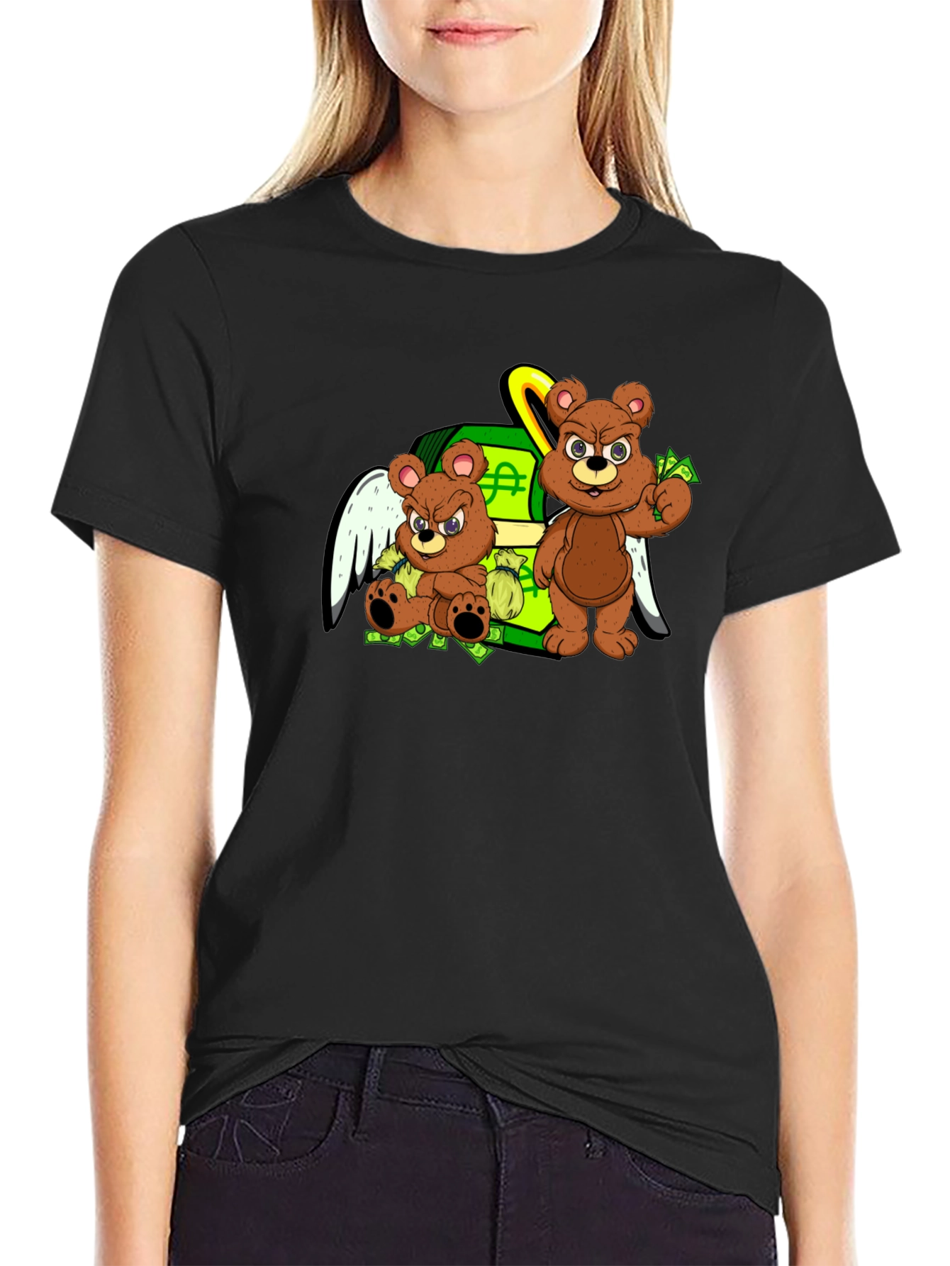 Cartoon Bear Graphic Tee - Black Crew Neck
