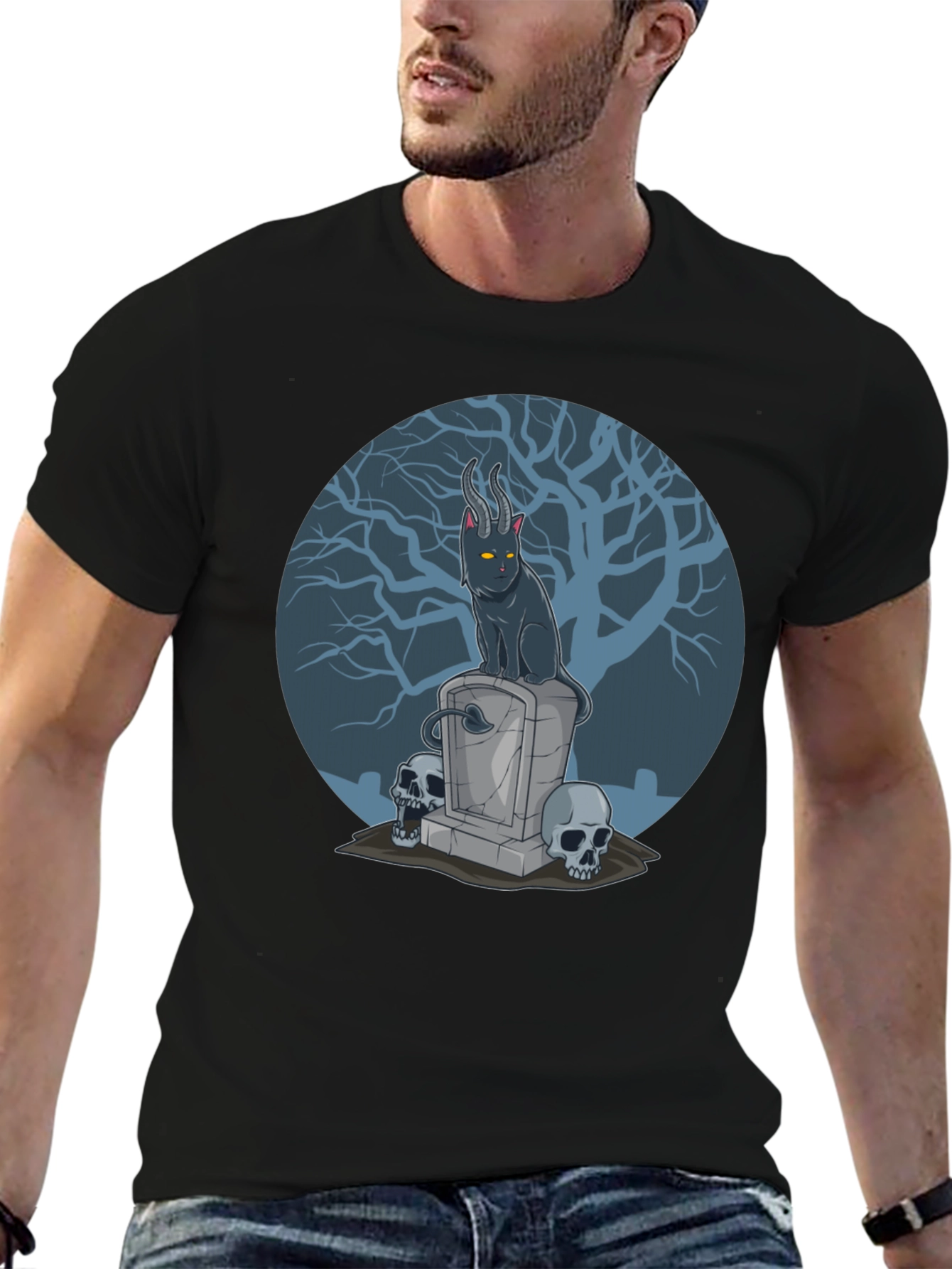 Gothic Devil Cat on Tombstone T-Shirt