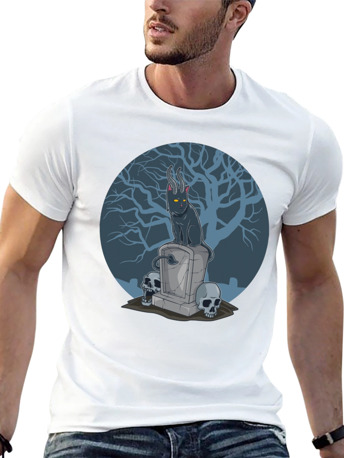 Gothic Devil Cat on Tombstone T-Shirt