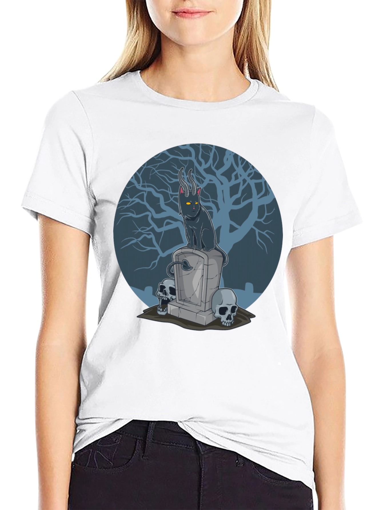 Gothic Devil Cat on Tombstone T-Shirt