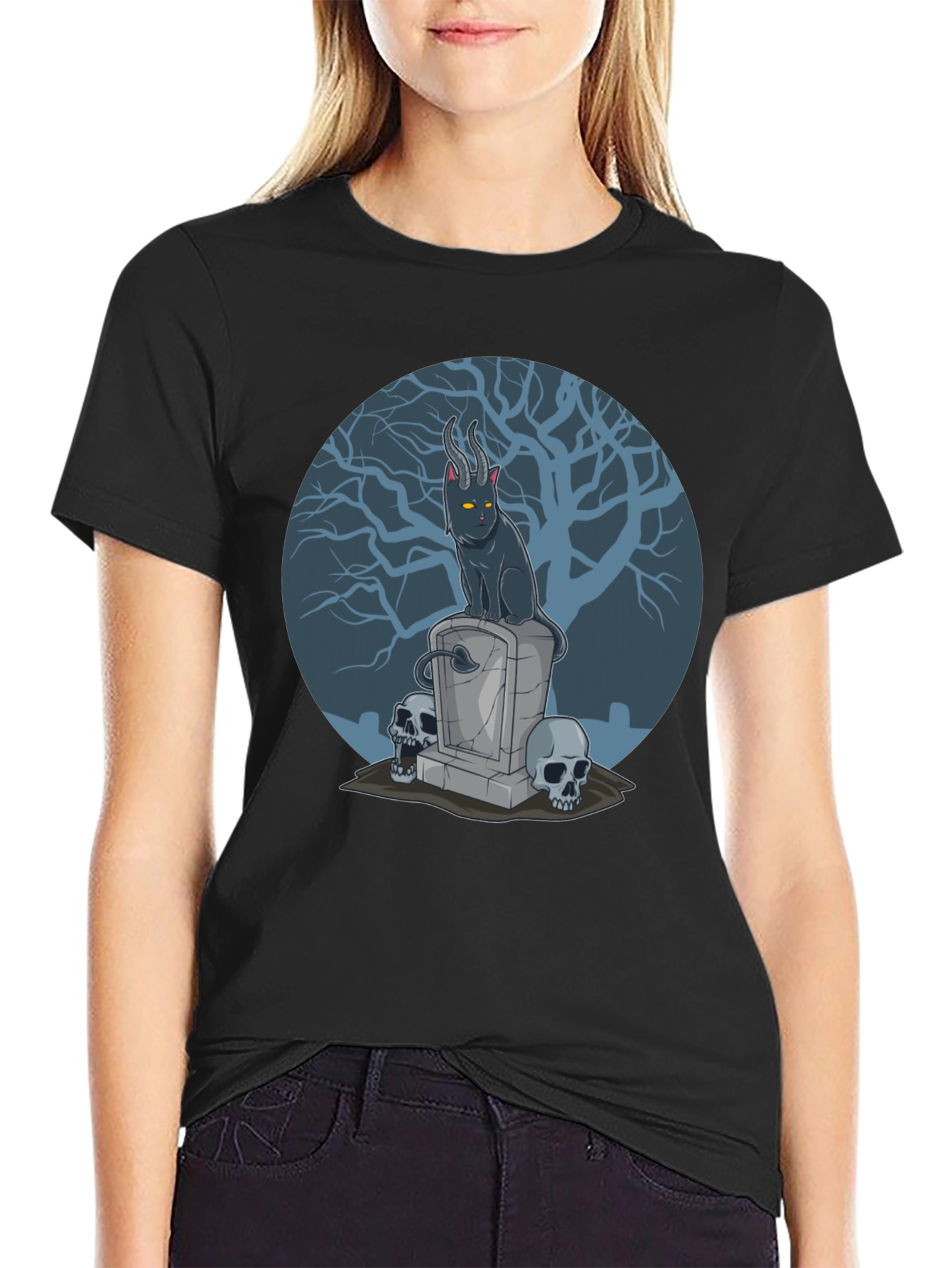 Gothic Devil Cat on Tombstone T-Shirt
