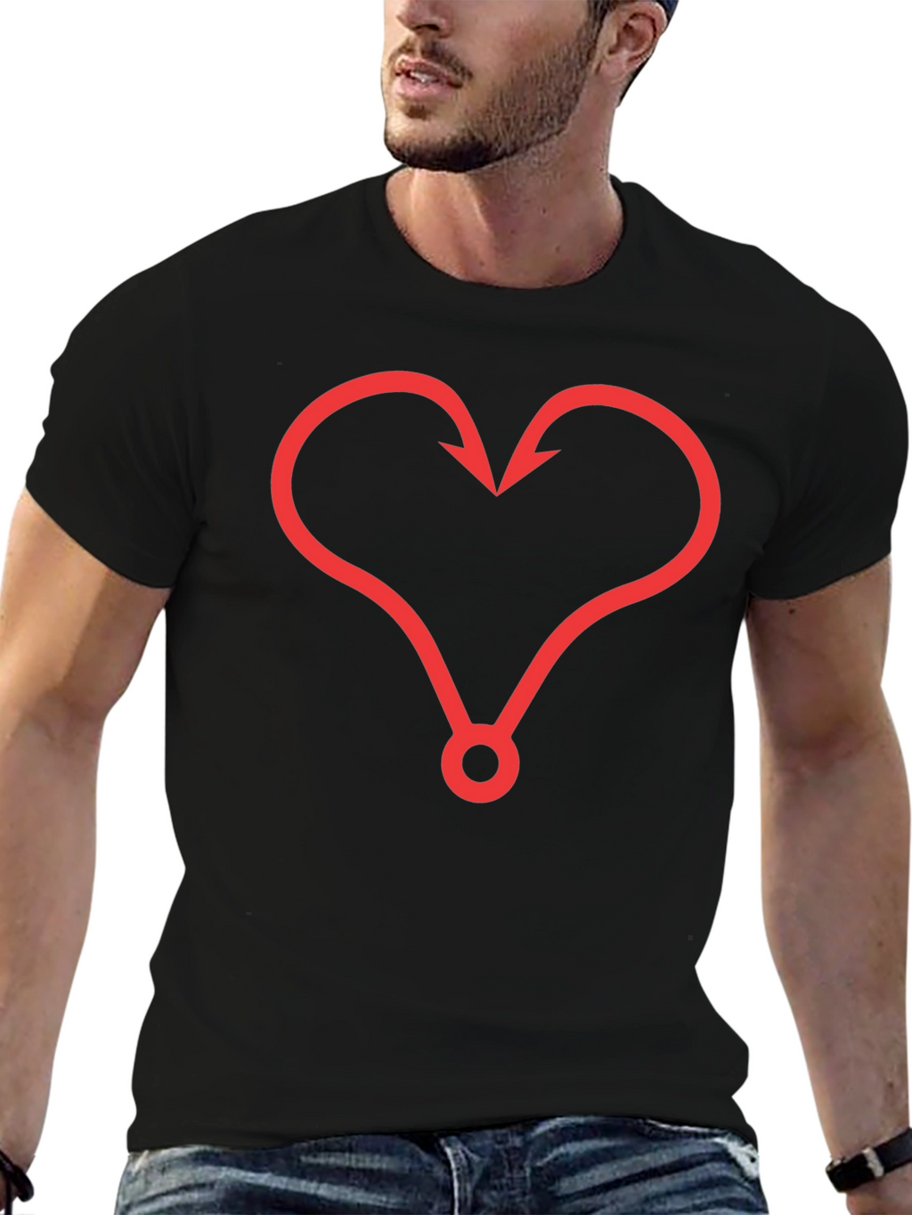 Fishing Hook Heart Graphic Tee - Black