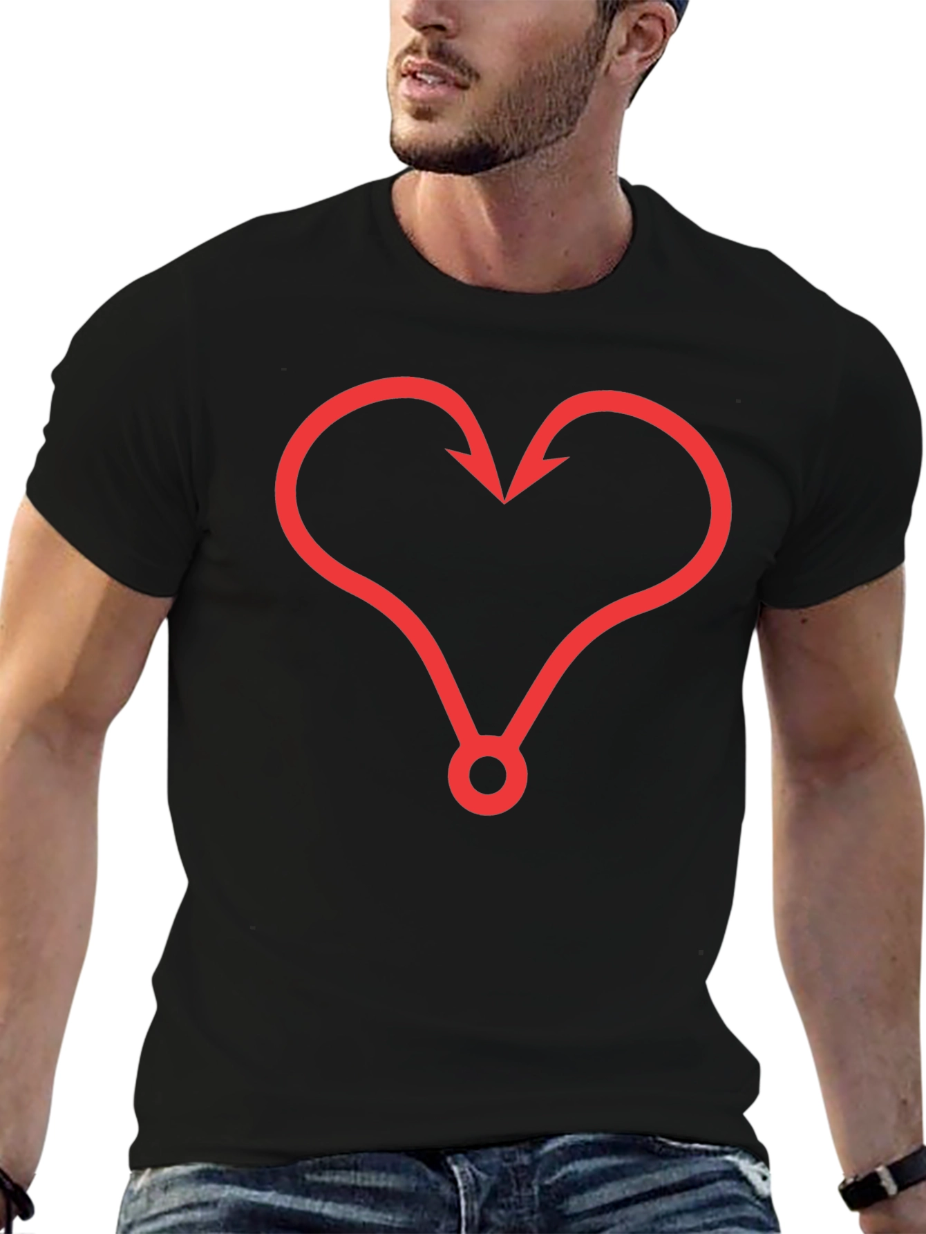Fishing Hook Heart Graphic Tee - Black