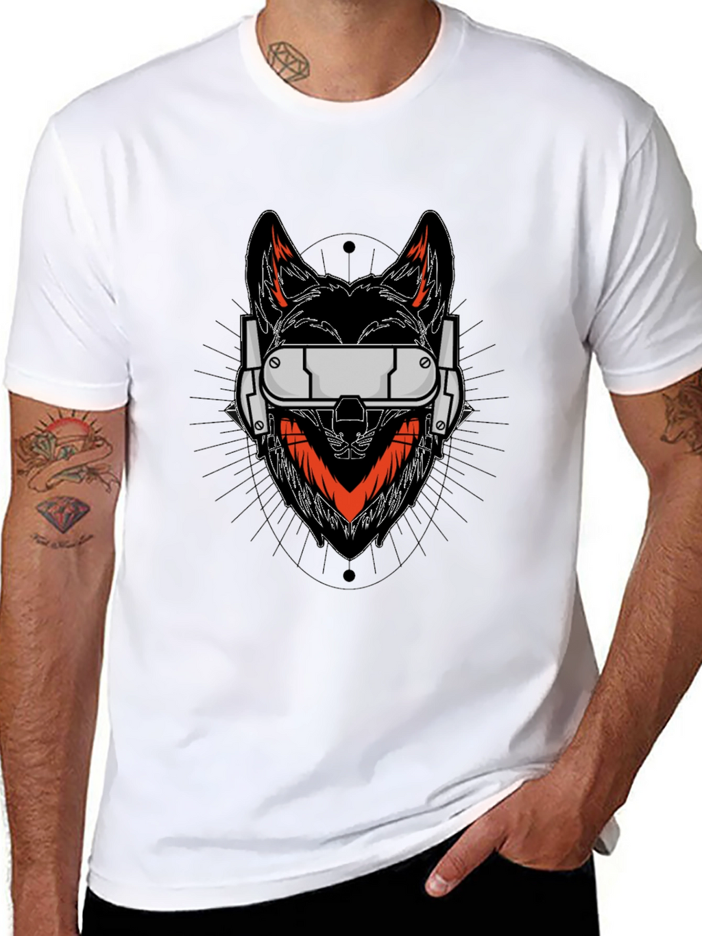 Cyberpunk Wolf Graphic Tee - Black Cotton Shirt