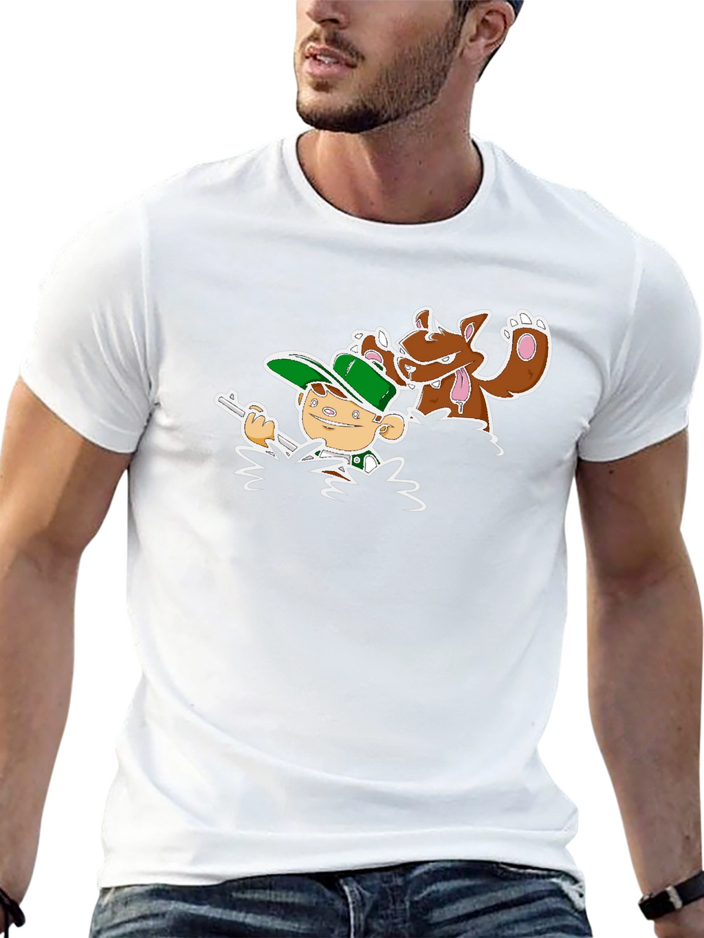 Cartoon Hunter & Dog Graphic Black Tee