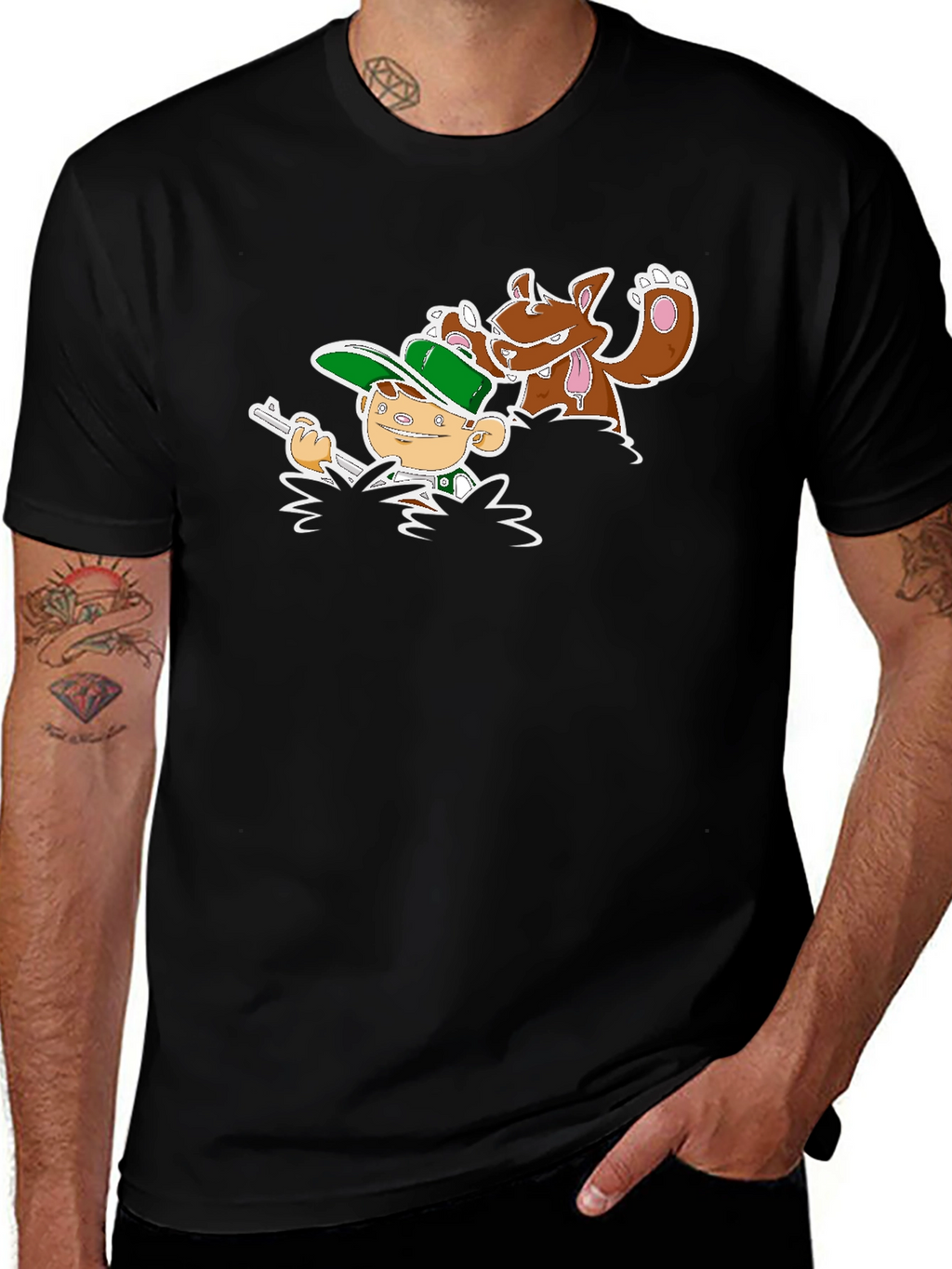 Cartoon Hunter & Dog Graphic Black Tee