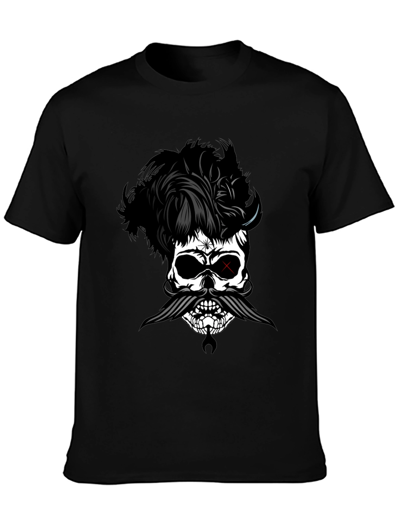 Skull with Hairstyle and Mustache Graphic T-Shirt