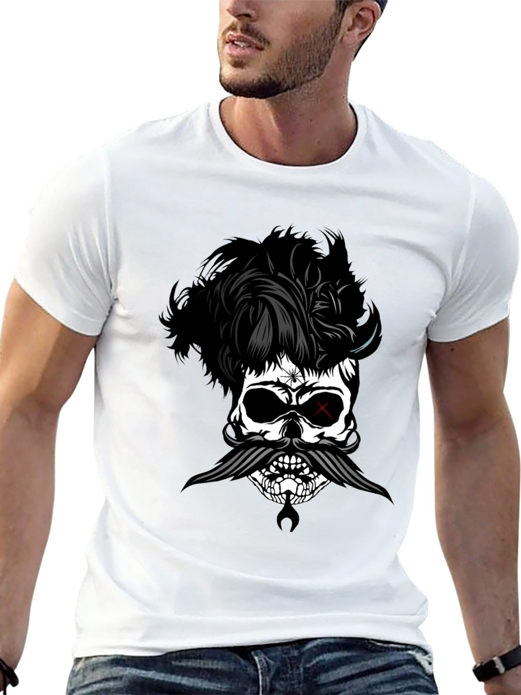Skull with Hairstyle and Mustache Graphic T-Shirt