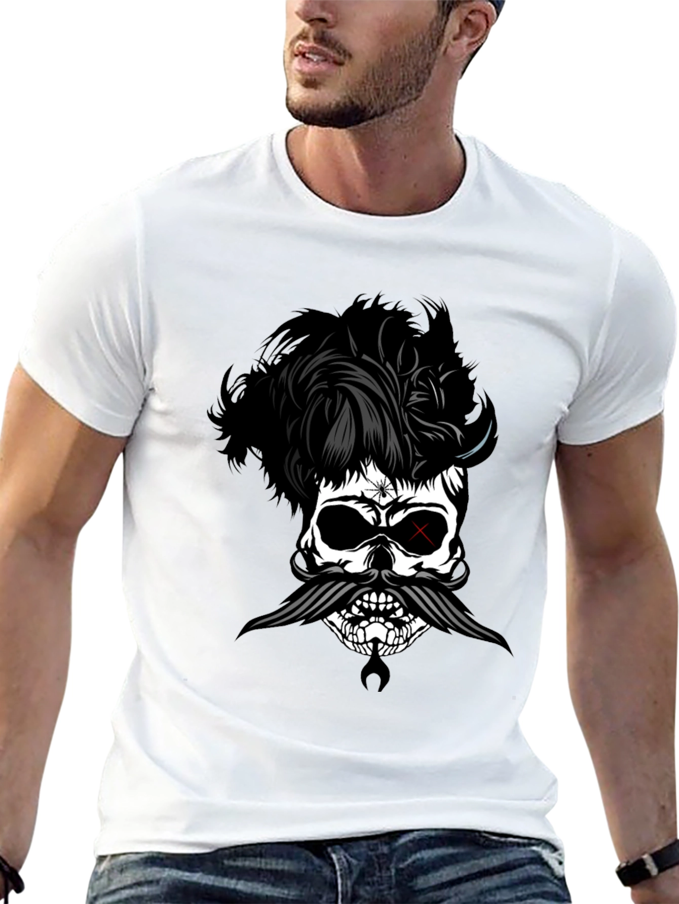 Skull with Hairstyle and Mustache Graphic T-Shirt