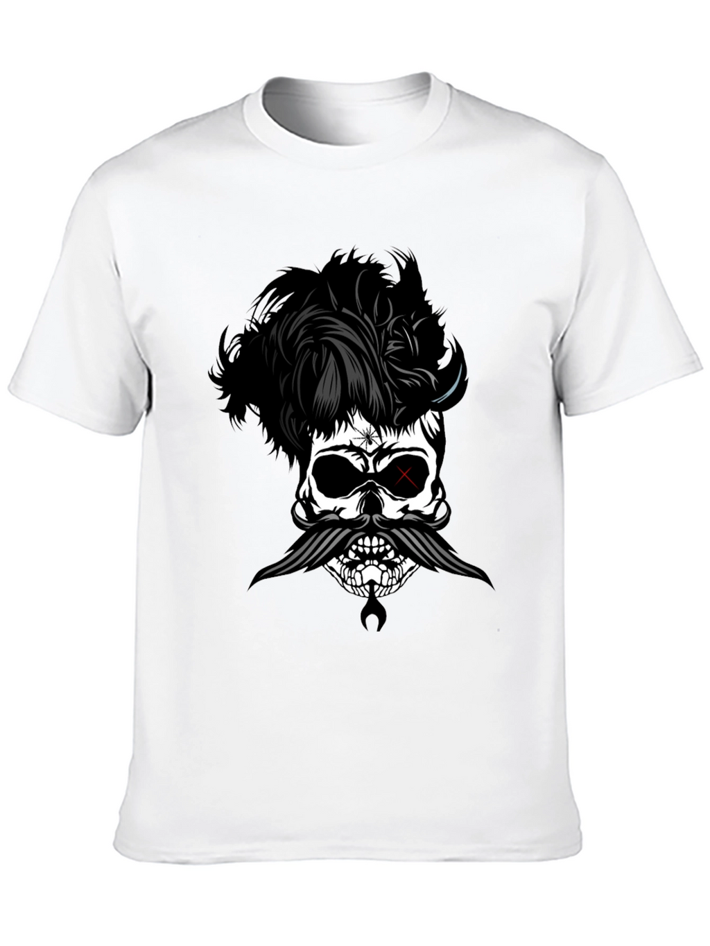 Skull with Hairstyle and Mustache Graphic T-Shirt