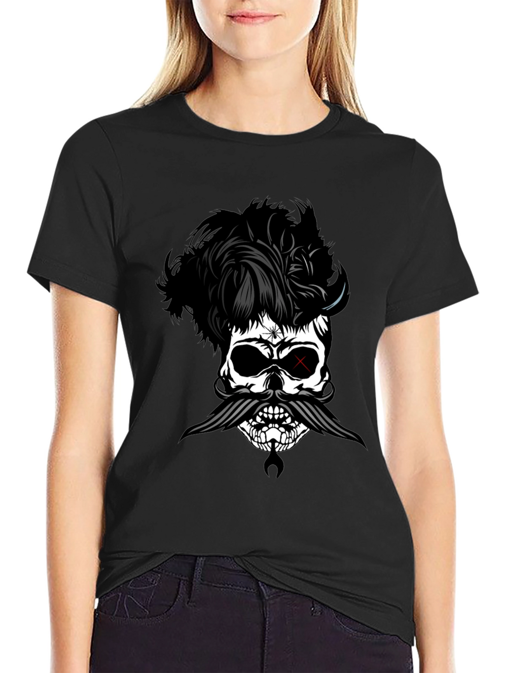 Skull with Hairstyle and Mustache Graphic T-Shirt