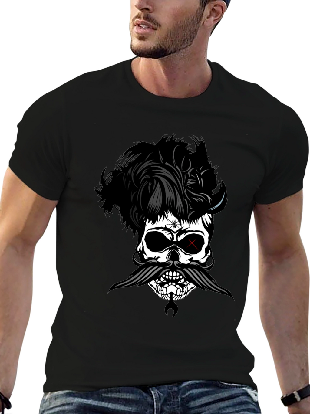 Skull with Hairstyle and Mustache Graphic T-Shirt