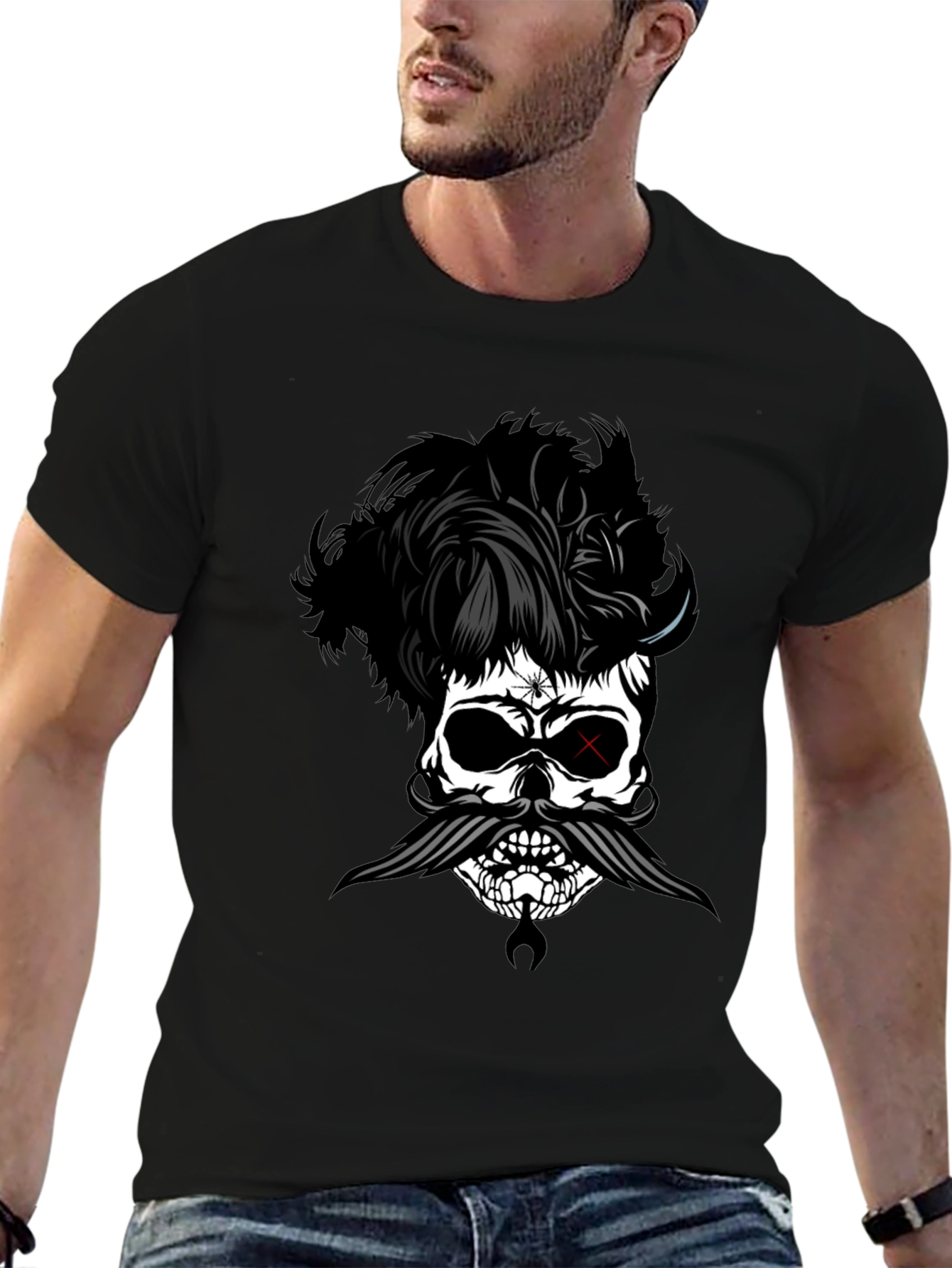 Skull with Hairstyle and Mustache Graphic T-Shirt