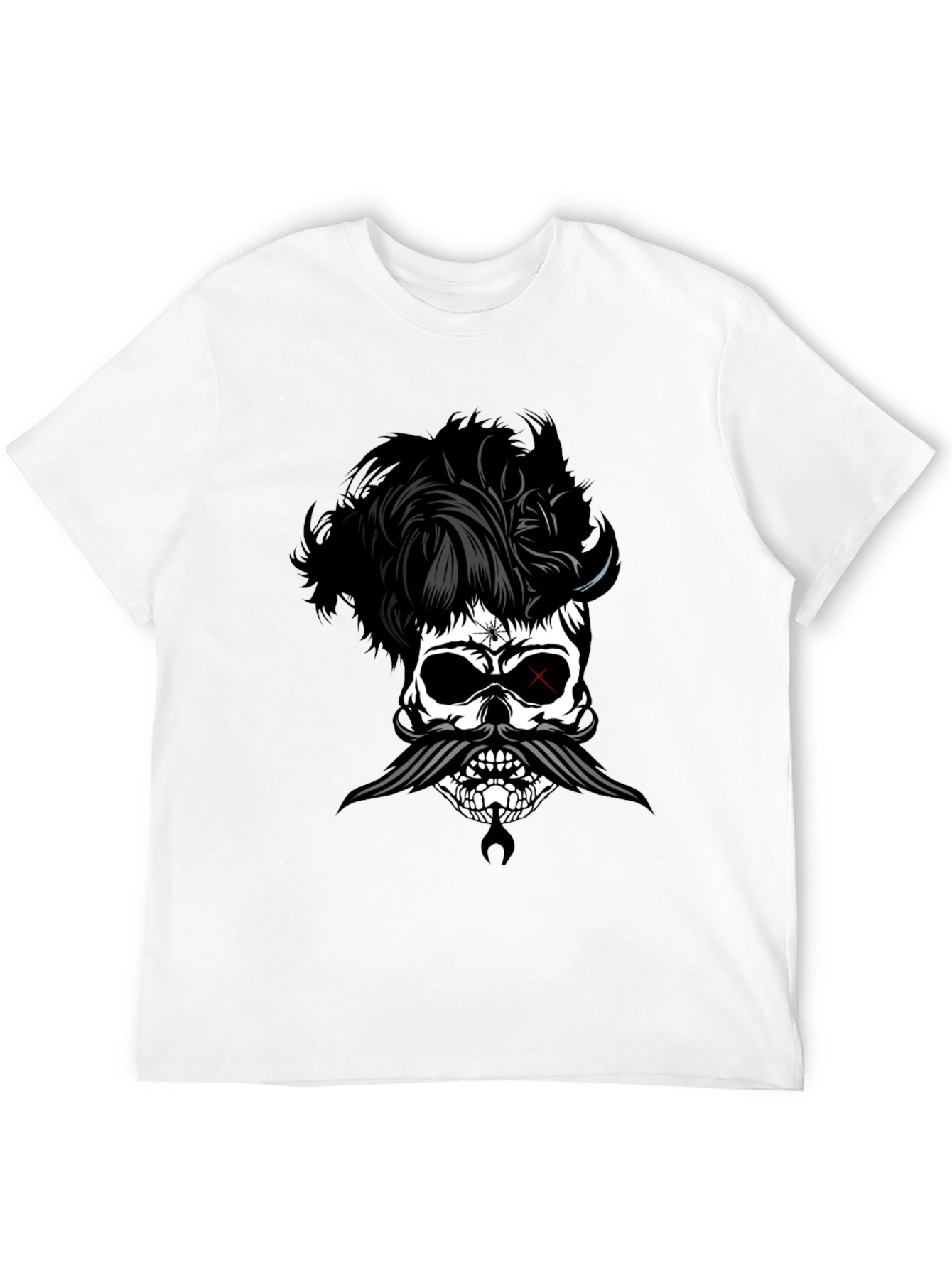 Skull with Hairstyle and Mustache Graphic T-Shirt