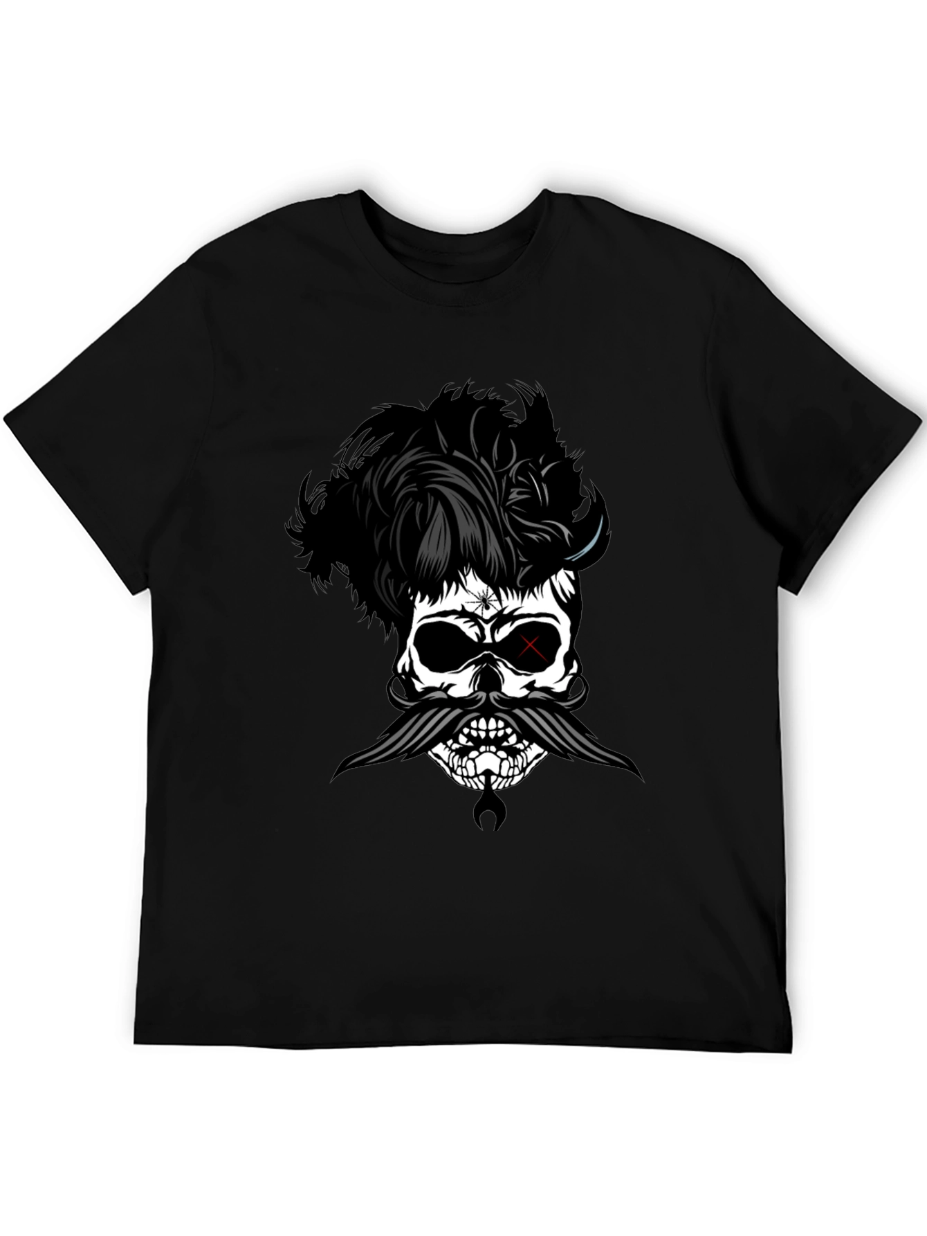 Skull with Hairstyle and Mustache Graphic T-Shirt
