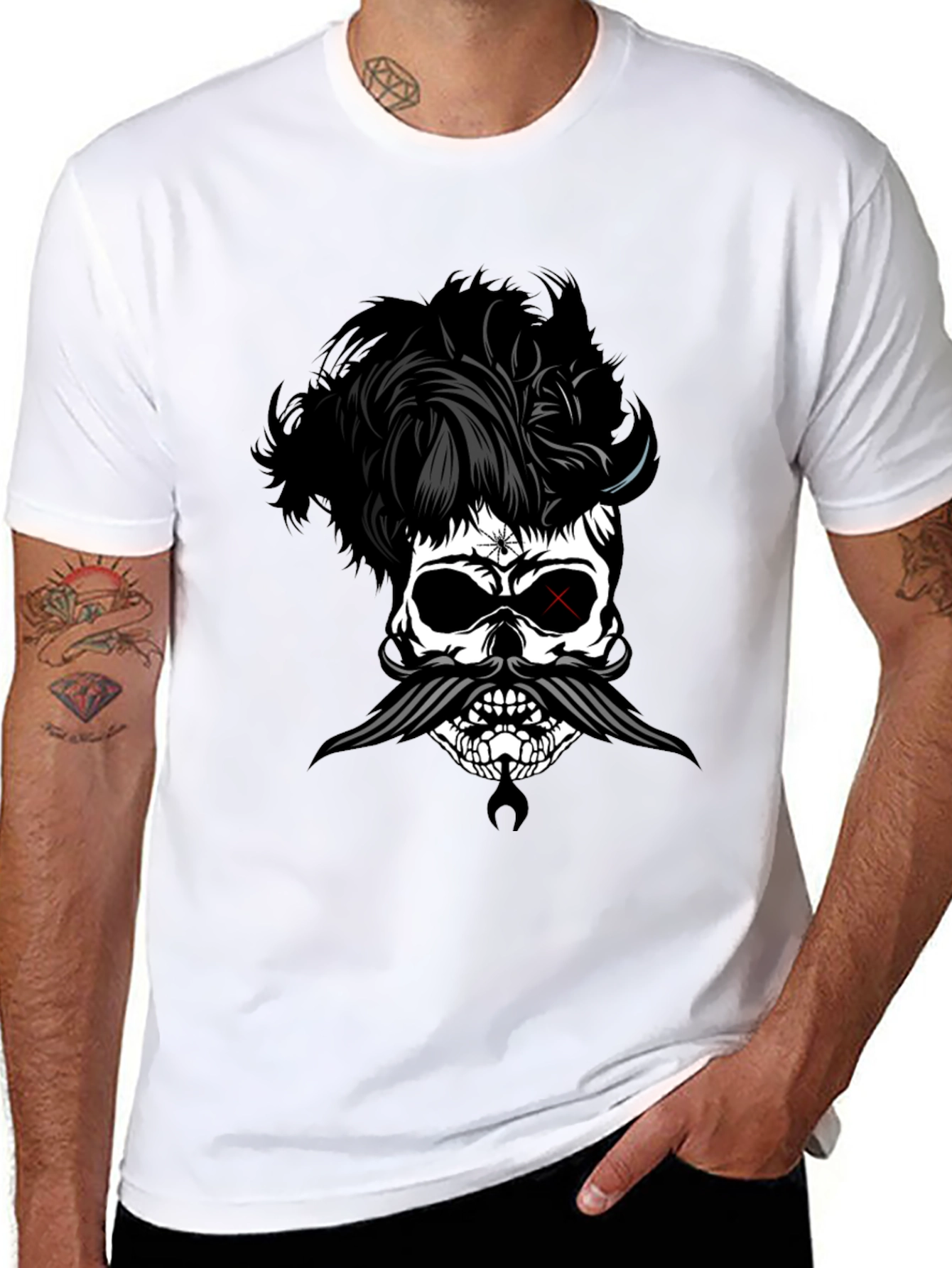 Skull with Hairstyle and Mustache Graphic T-Shirt