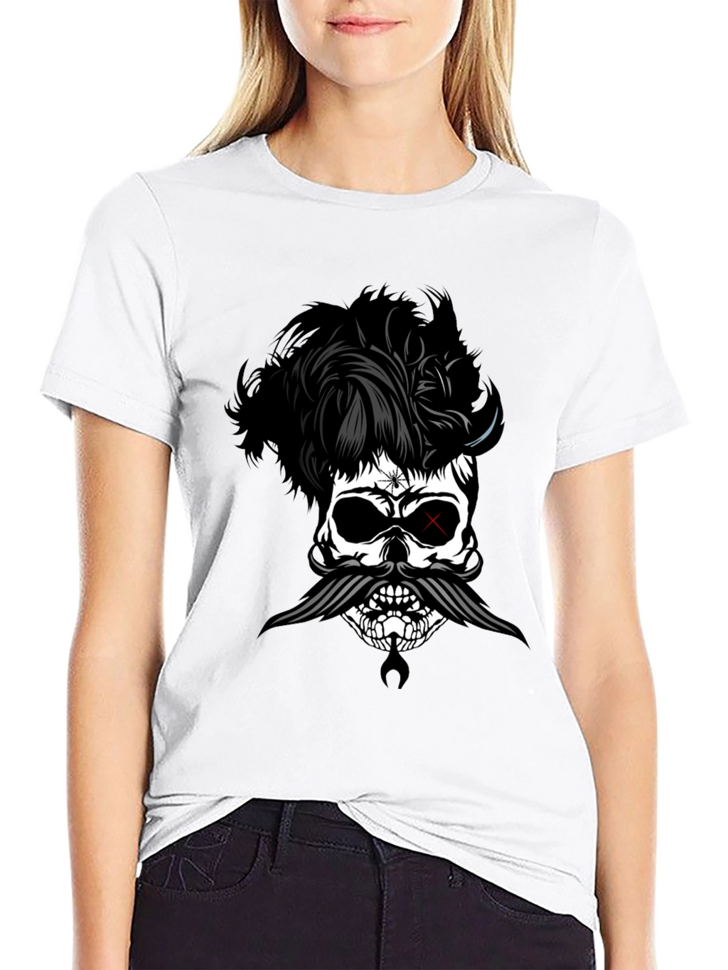 Skull with Hairstyle and Mustache Graphic T-Shirt