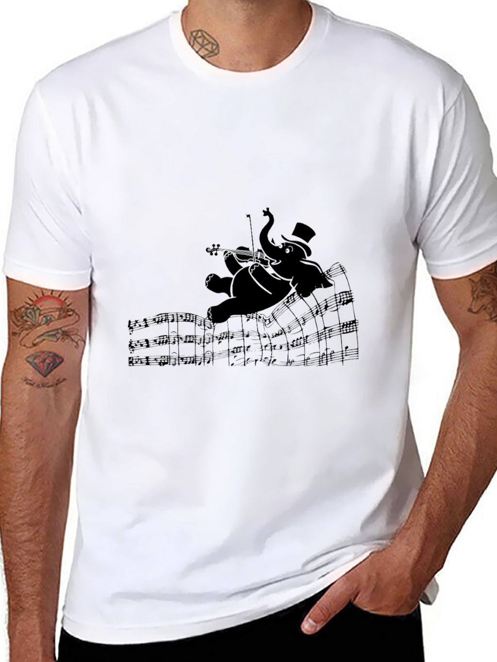 Elephant Musician Graphic T-Shirt - Black