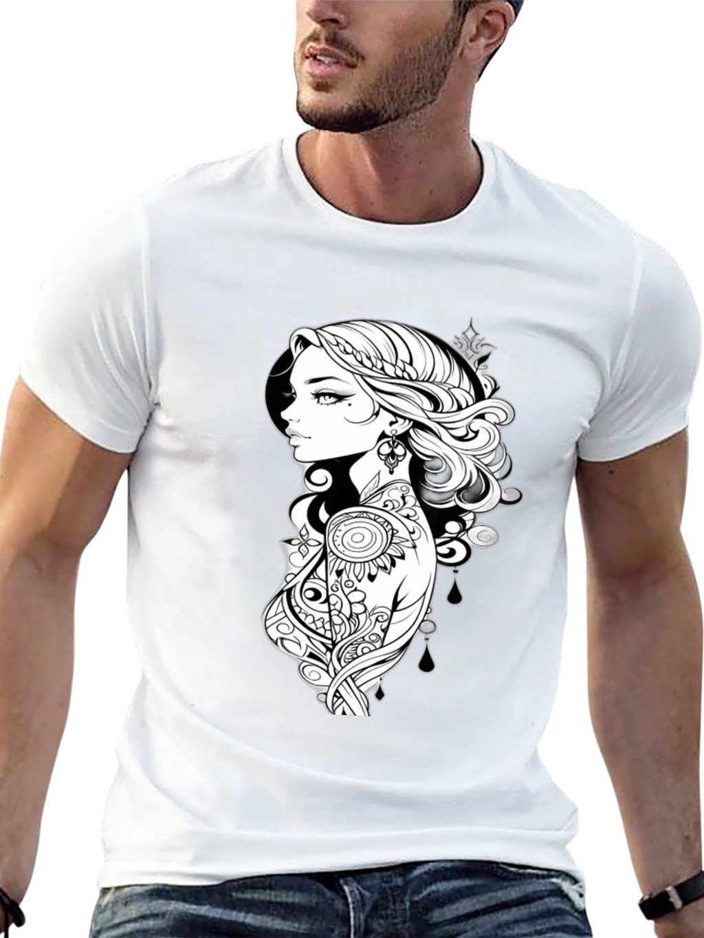 Black T-Shirt with Artistic Woman Graphic