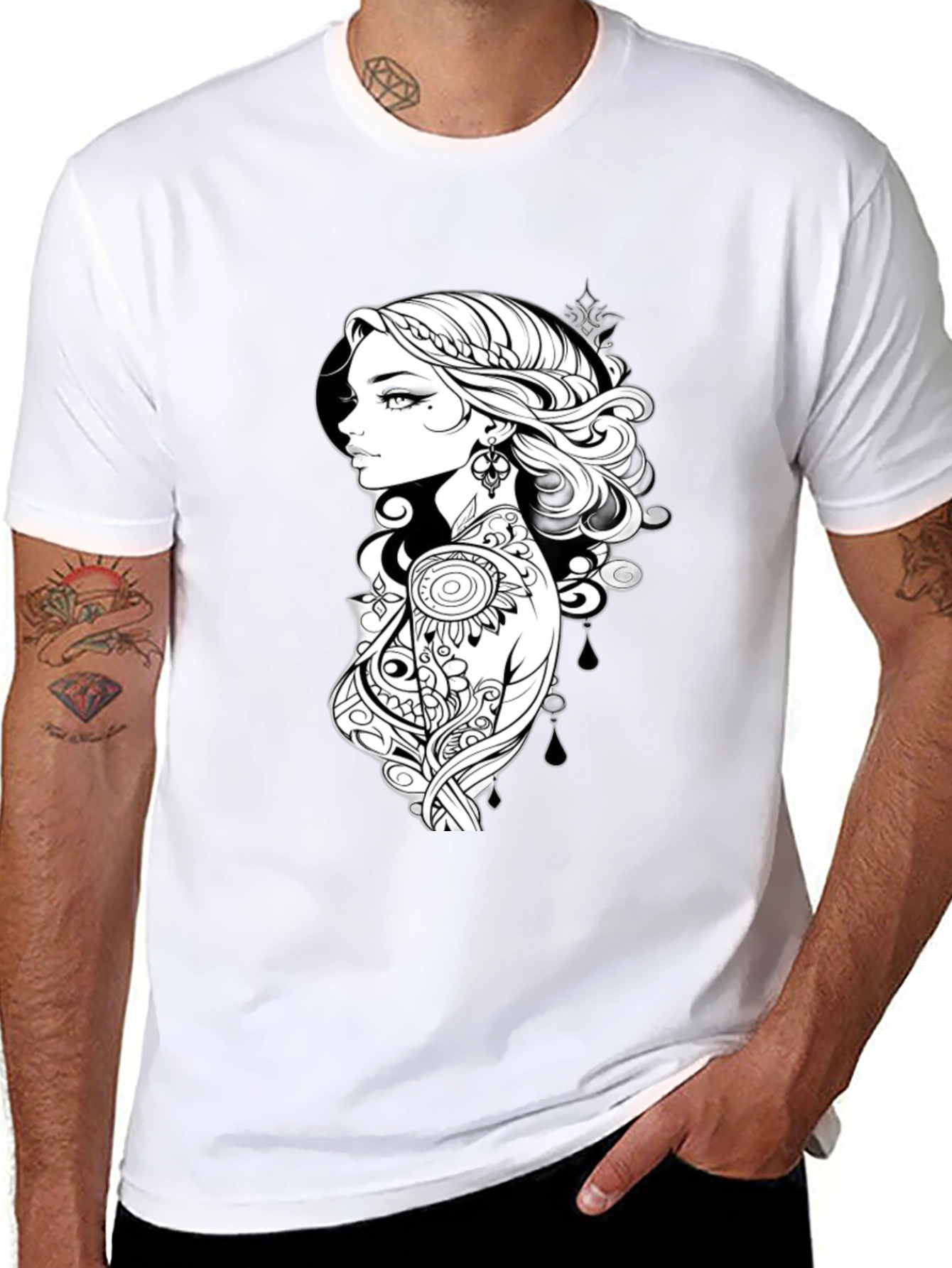 Black T-Shirt with Artistic Woman Graphic