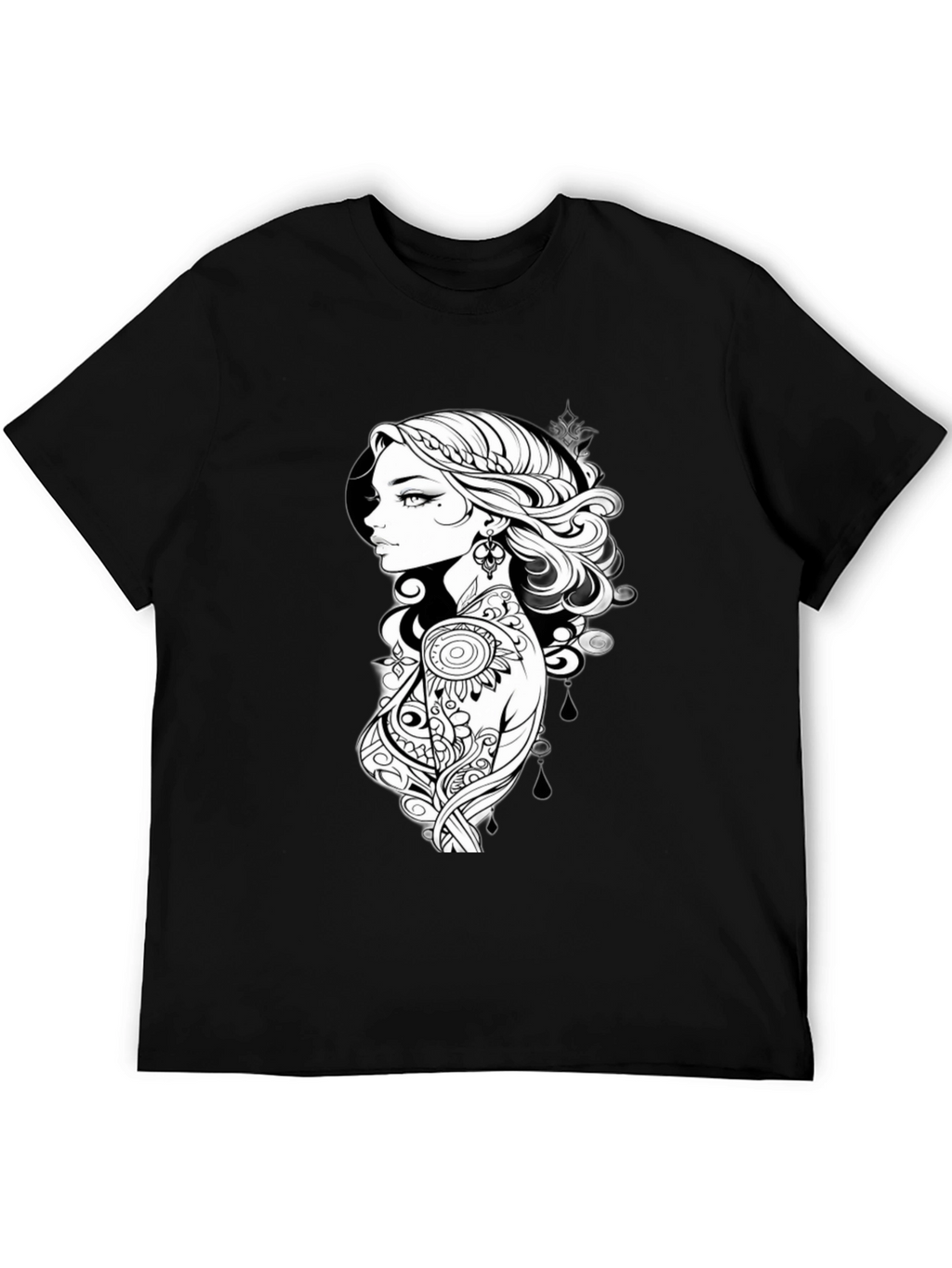 Black T-Shirt with Artistic Woman Graphic