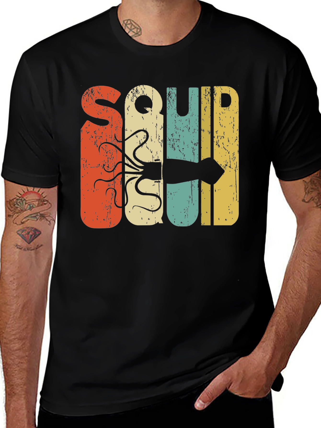 Retro Squid Graphic Tee - Black Cotton T-Shirt