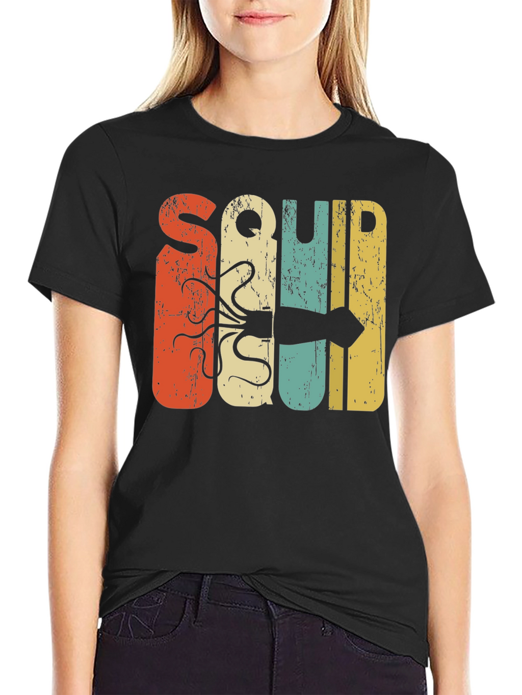 Retro Squid Graphic Tee - Black Cotton T-Shirt