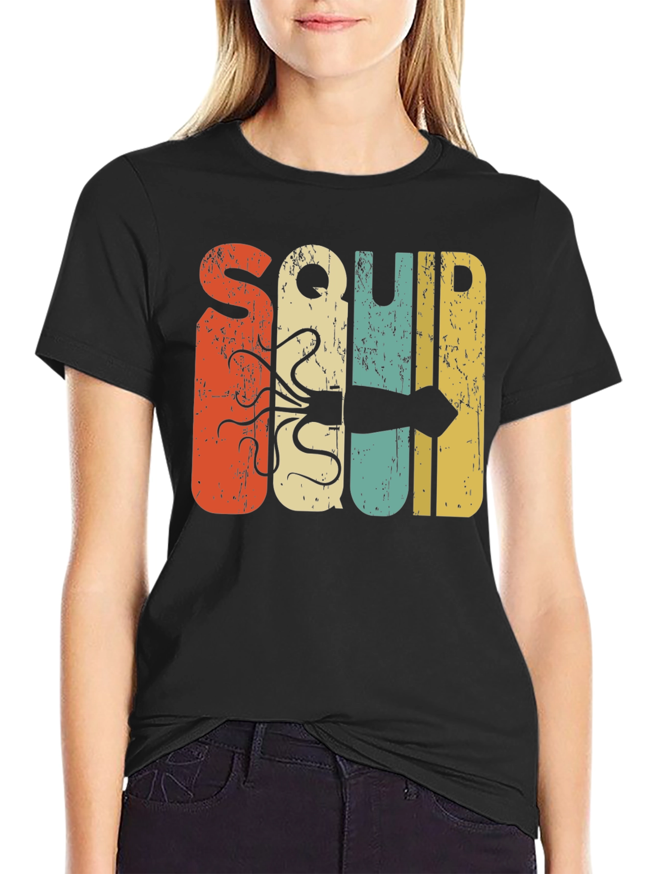 Retro Squid Graphic Tee - Black Cotton T-Shirt