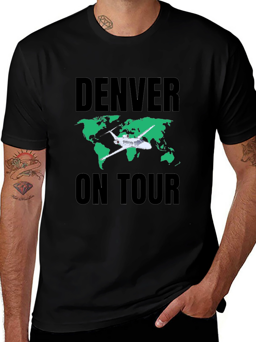 Denver On Tour Black T-Shirt with World Map
